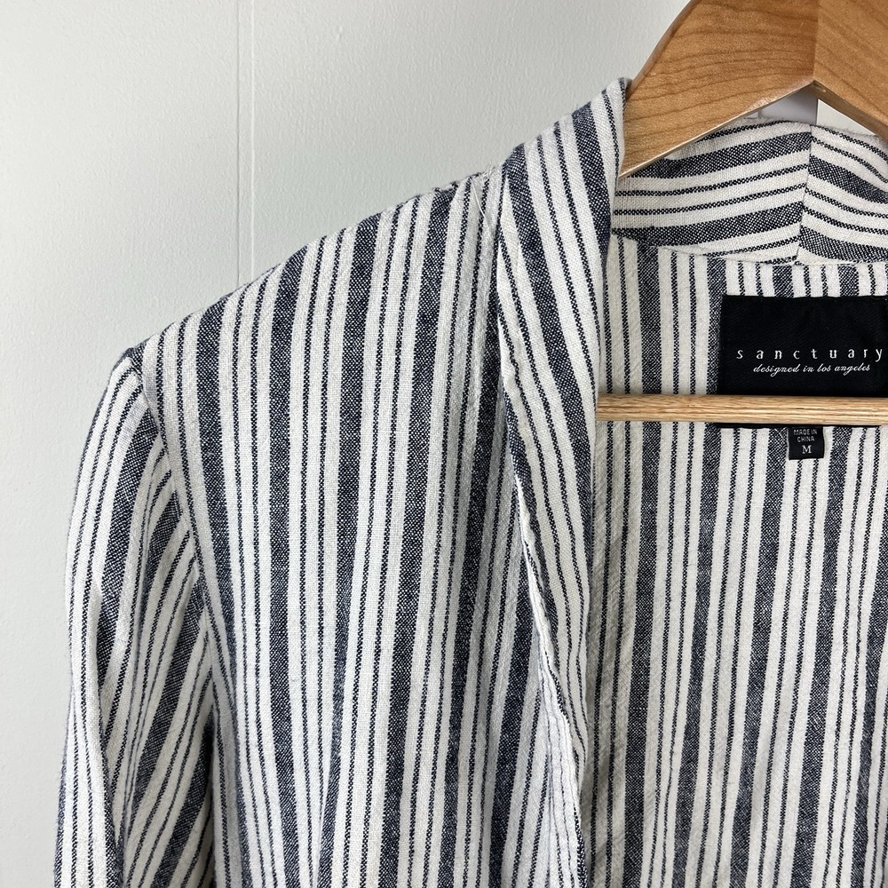 Sanctuary Open Front Jacket Topper Womens Medium Blue White Stripe Linen Blend